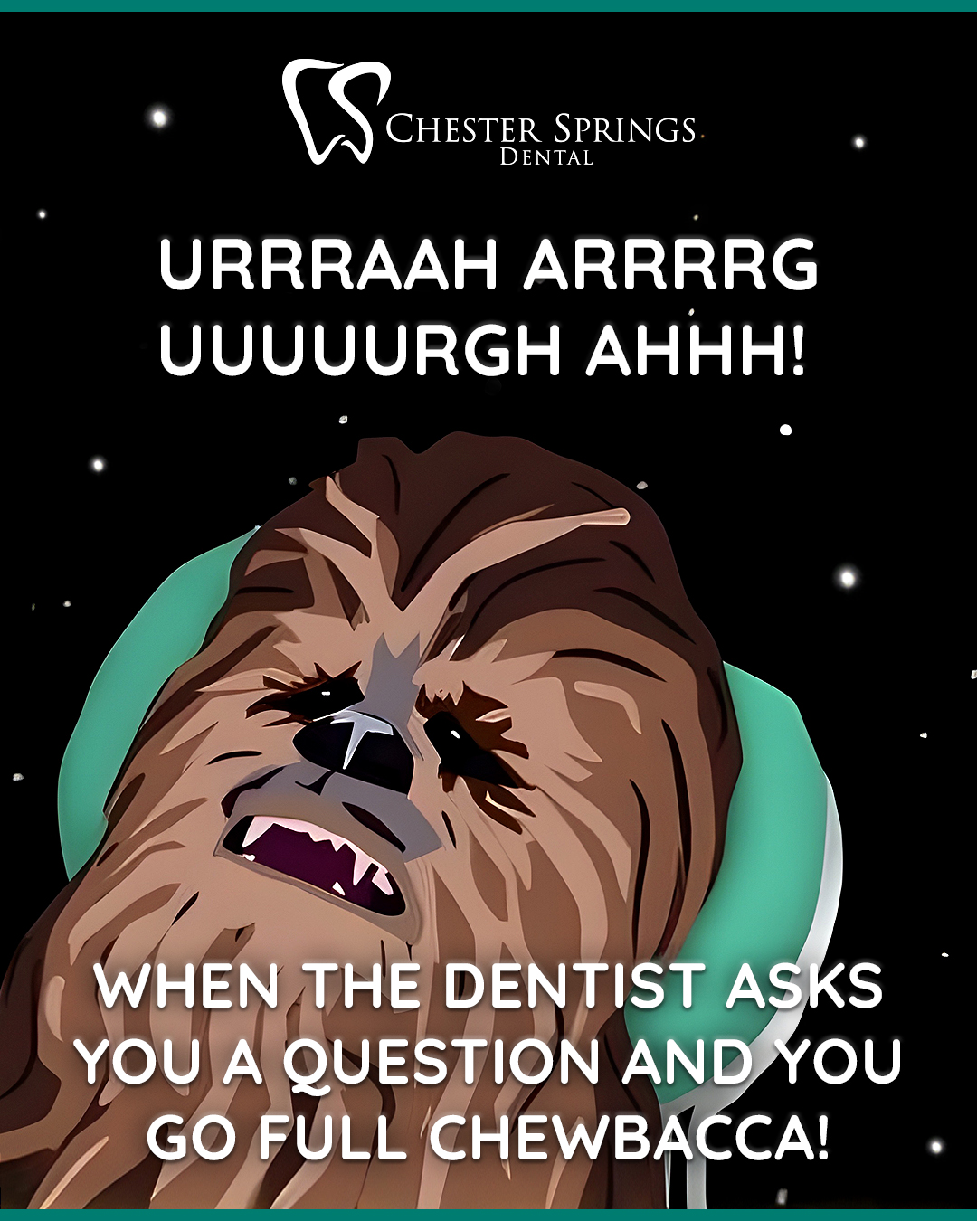 May the 4th be with you… especially when your mouth’s full of dental tools and the dentist asks, “How’s your family?” 😅
Cue the Chewbacca noises! 🔊
We get it — it's hard to talk mid-cleaning. Just give us your best Wookiee impression, and we’ll translate! 😄
#MayThe4thBeWithYou #DentalHumor #ChewbaccaAtTheDentist #ChesterSpringsDental #StarWarsDay #ExtonDentist #WookieeWhispers