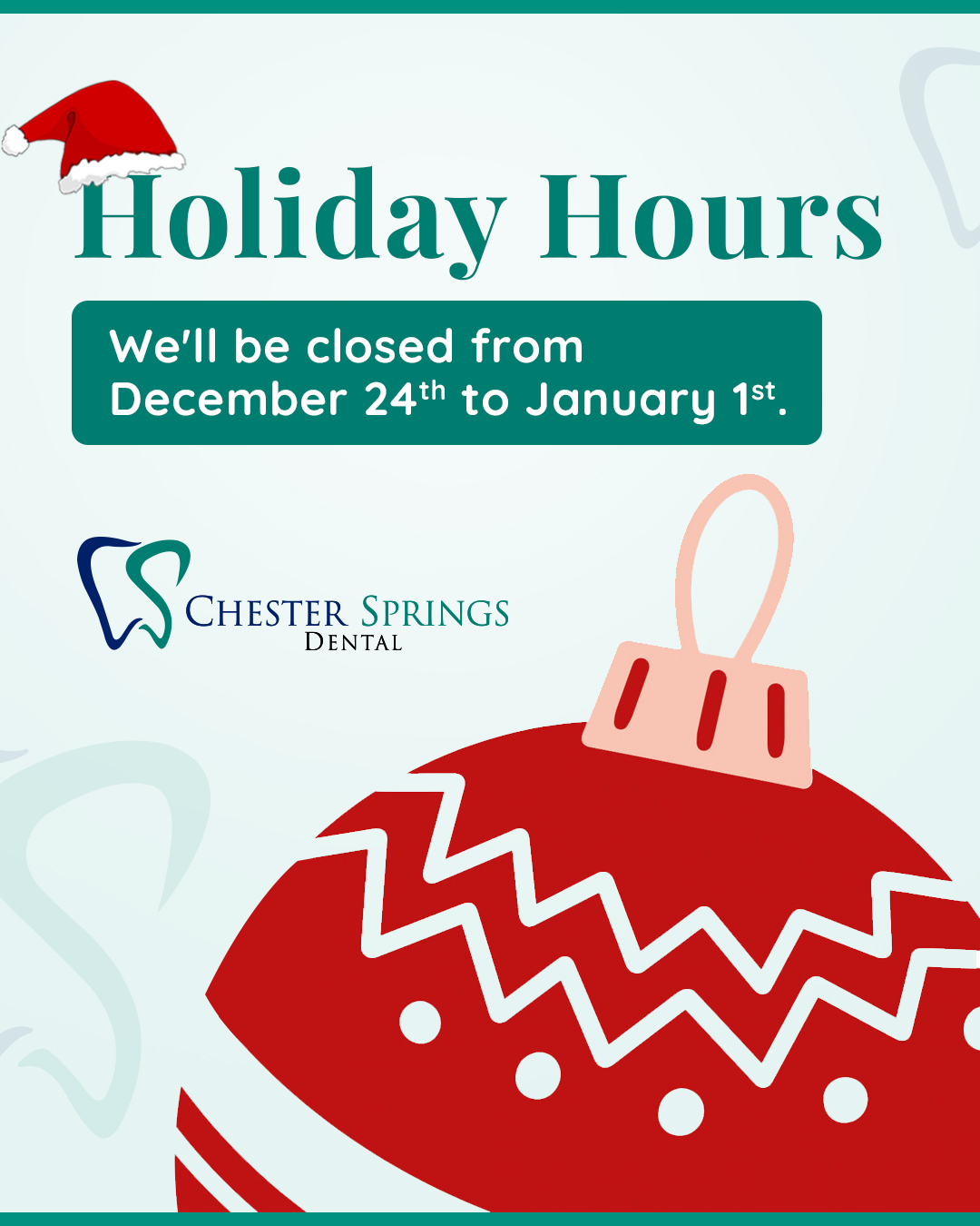 As the year comes to a close, our team will be taking a short break to rest, recharge, and spend time with loved ones. 🎄✨

We’ll be back in the new year refreshed and ready to care for your smiles. Wishing everyone a safe, happy, and healthy holiday season!

#HolidaySeason #HolidayHours #OfficeUpdate #ChesterSpringsDental #SeasonOfSmiles #NewYearReady #HappyHolidays #DentalCare