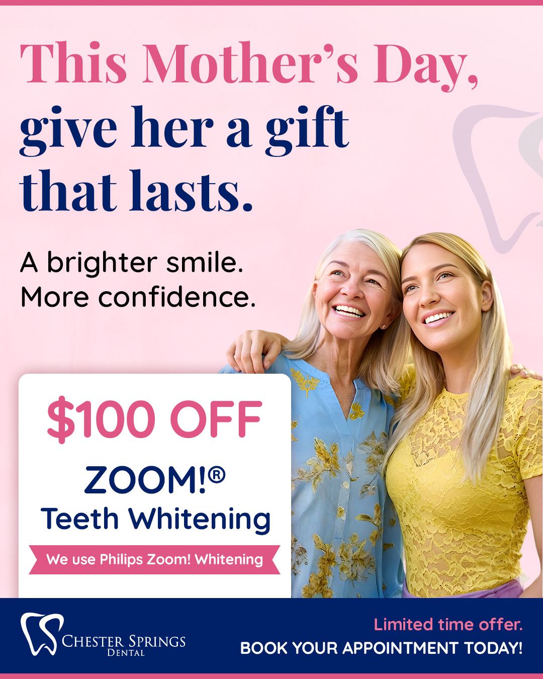 Looking for the perfect Mother’s Day gift?

Give her something she’ll love every day—a brighter, more confident smile.
✨ Now $100 OFF Philips Zoom Teeth Whitening.

⏳ Limited-time offer
📍 Chester Springs Dental
📞 (610) 458-5858
ChesterSpringsDental.com/contact-us
🌐 ChesterSpringsDental.com

#ChesterSpringsDental #ExtonPA #MothersDaySmile #TeethWhitening #SmileBright #GiftHerConfidence