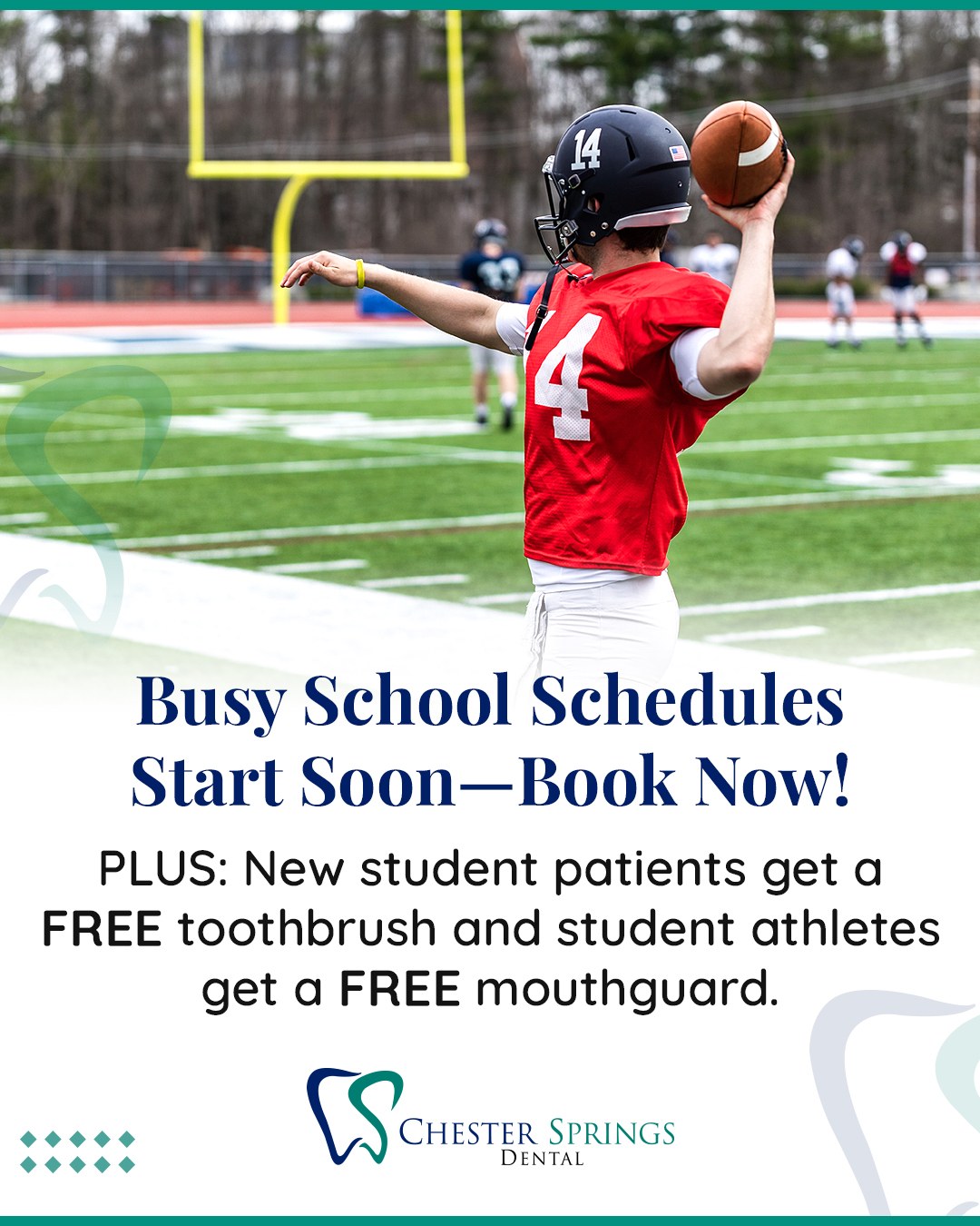 School starts soon! ✏️ Make sure your teen's smile is ready, too. Book their dental checkup before the August 25 rush!
✅ Prevent dental issues.
✅ FREE sports mouthguard or electric toothbrush for new student patients.
📞 Call now: 610.524.9530
#ChesterSpringsDental #BackToSchoolPrep #BackToSchool #WestChesterPA #HealthySmiles #DentalCheckup #Exton