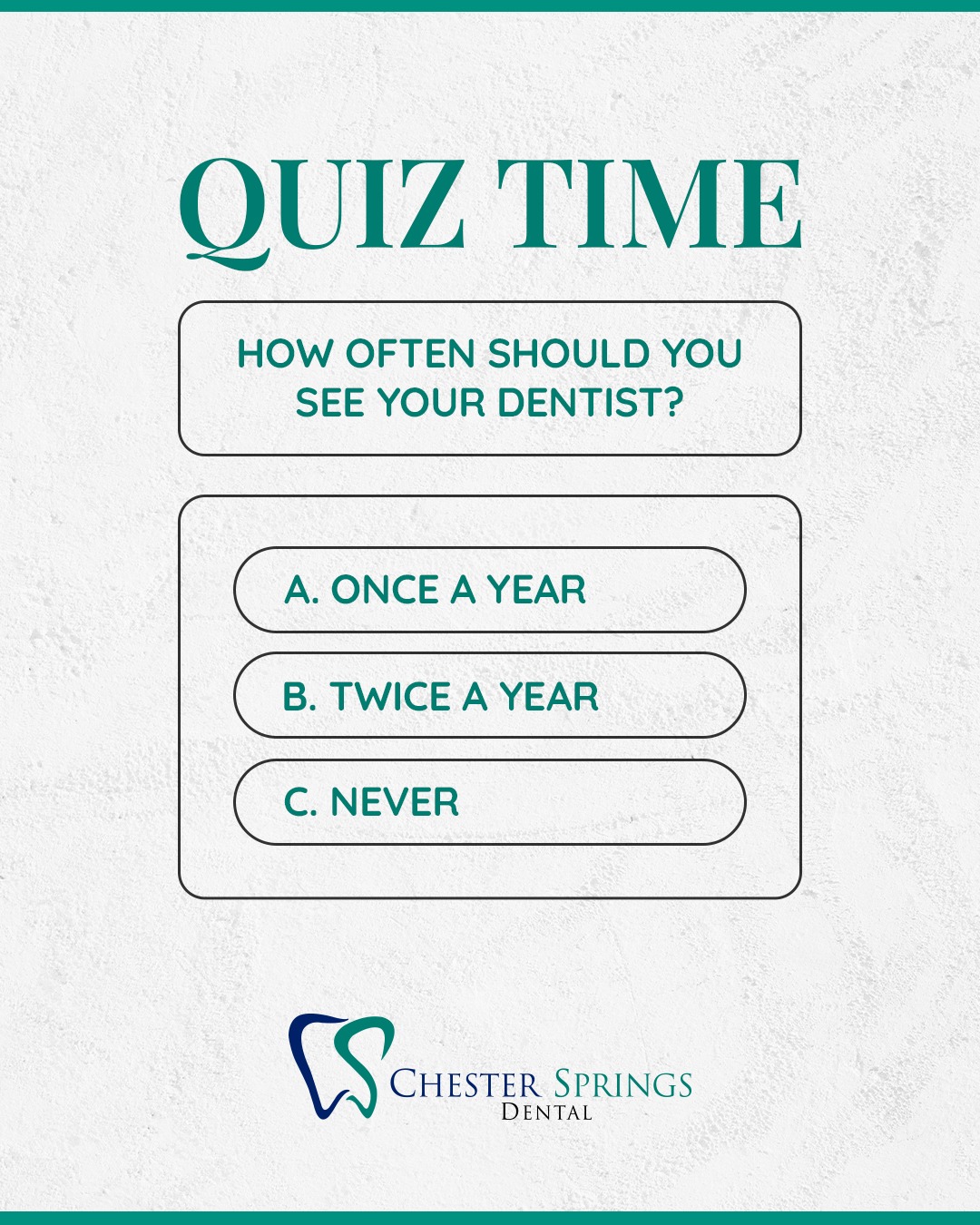 And the answer is… Twice a year! 
Regular visits help prevent problems before they start—and keep your smile feeling fresh and healthy.
Book your next visit at ChesterSpringsDental.com.

#ChesterSpringsDental #DentalCheckups #HealthySmile #PreventiveCare #OralHealthMatters