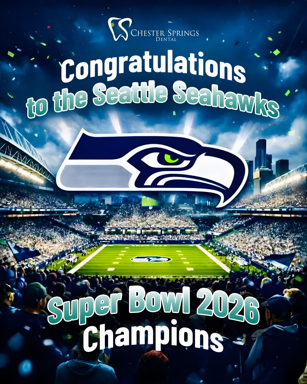 🏆 Big congratulations to the Seattle Seahawks on an incredible Super Bowl 2026 win! What a season, what a finish. 💙💚

#SuperBowl2026 #SeattleSeahawks #Champions #ChesterSpringsDental