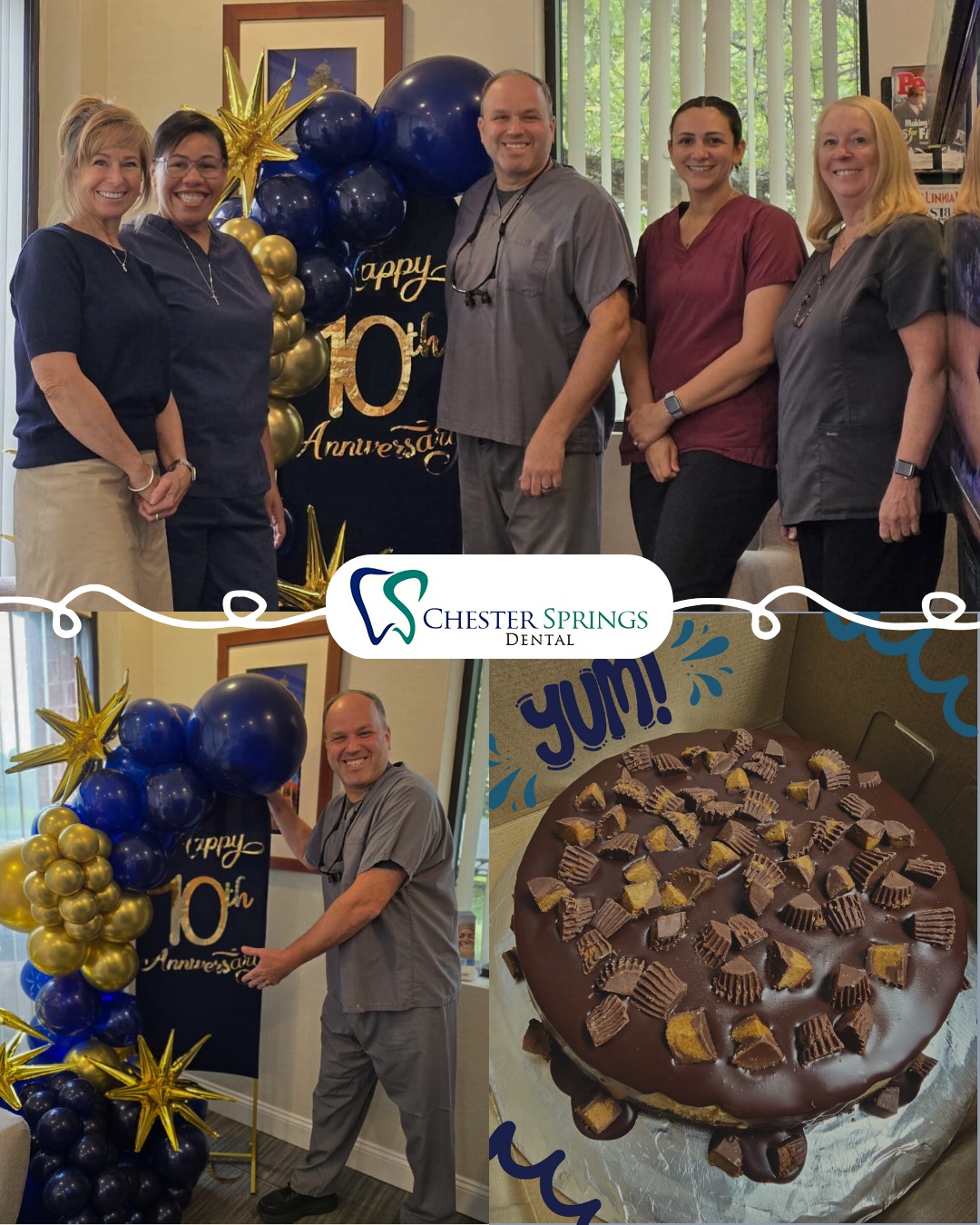 This month marks our 10th anniversary! 🦷🎉
We’re beyond grateful for our amazing patients, our wonderful team, and this incredible community that has supported us for the last decade. 💙
A special thank you to @the.cookiebonster for the delicious cheesecake and to our very own dental assistant Jasmine, whose company @by_jasminellc created the gorgeous balloon decorations that made our celebration extra special! 🎂🎈
Here’s to many more years of healthy smiles together! 😁💫
#ChesterSpringsDental #10YearsStrong #HealthySmiles #CommunityLove #ChesterSpringsDentalAnniversary