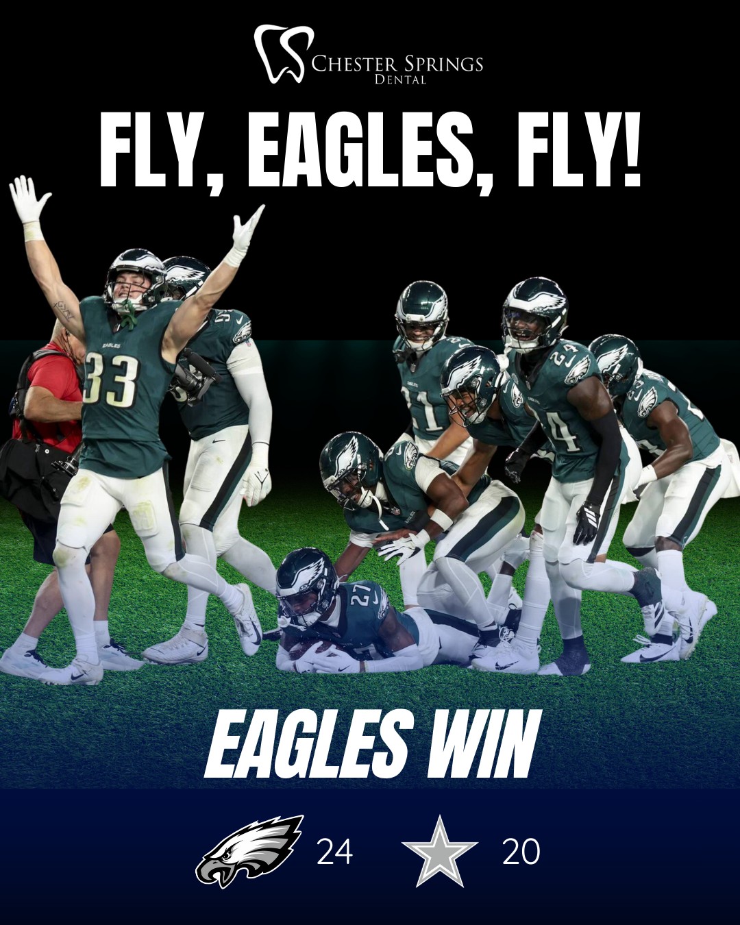 Last night’s game? The spit was flying like they were at a dental office—but luckily, the Eagles still cleaned up the score.
Go, Philly! 🏈🦅
#GoPhilly #FlyEaglesFly #ChesterSpringsDental #NFL #SpitGate