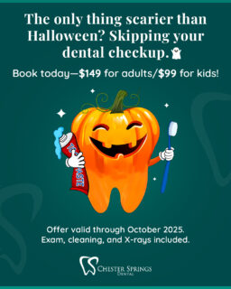 Trick or teeth? 🍬😂
Don’t let your smile turn into a fright this Halloween—keep cavities away with your Dental Hygiene Month checkup. 🎃

🦷 $149 adults/$99 kids (exam, cleaning, and X-rays included).
 📅 Offer valid through October 2025 for new patients only.

Book now at ChesterSpringsDental.com.
#ChesterSpringsDental #HalloweenSmile #DentalHygieneMonth #HealthyTeeth #FamilyDentist #ExtonDentist #SpookySeason