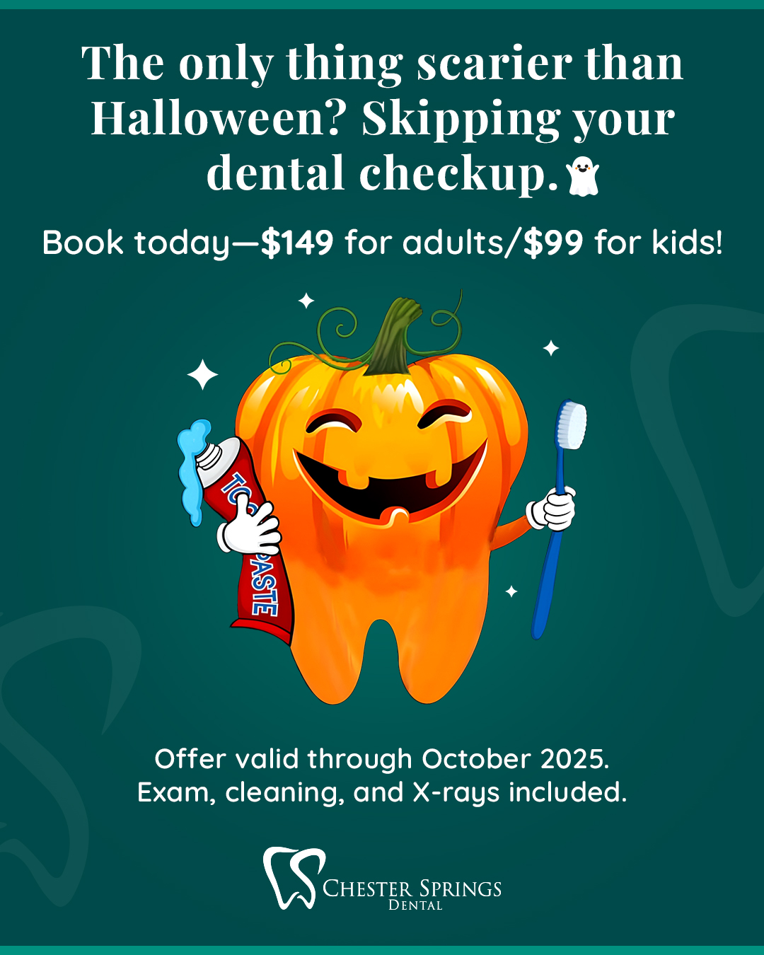 Trick or teeth? 🍬😂
Don’t let your smile turn into a fright this Halloween—keep cavities away with your Dental Hygiene Month checkup. 🎃

🦷 $149 adults/$99 kids (exam, cleaning, and X-rays included).
 📅 Offer valid through October 2025 for new patients only.

Book now at ChesterSpringsDental.com.
#ChesterSpringsDental #HalloweenSmile #DentalHygieneMonth #HealthyTeeth #FamilyDentist #ExtonDentist #SpookySeason