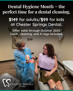 Good hygiene never goes out of style, especially when it comes to your smile! 😁
Celebrate Dental Hygiene Month with a professional dental cleaning and checkup for the whole family.
💙 $149 for adults/$99 for kids (exam, cleaning, and X-rays included).
 📅 Offer valid through October 2025 for new patients only.
Book online at ChesterSpringsDental.com.
#ChesterSpringsDental #HealthySmiles #DentalHygieneMonth #ExtonDentist #FamilyDentistry #CleanTeethHappySmile