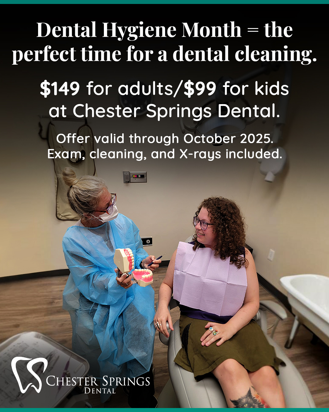 Good hygiene never goes out of style, especially when it comes to your smile! 😁
Celebrate Dental Hygiene Month with a professional dental cleaning and checkup for the whole family.
💙 $149 for adults/$99 for kids (exam, cleaning, and X-rays included).
📅 Offer valid through October 2025.
Book online at ChesterSpringsDental.com.
#ChesterSpringsDental #HealthySmiles #DentalHygieneMonth #ExtonDentist #FamilyDentistry #CleanTeethHappySmile