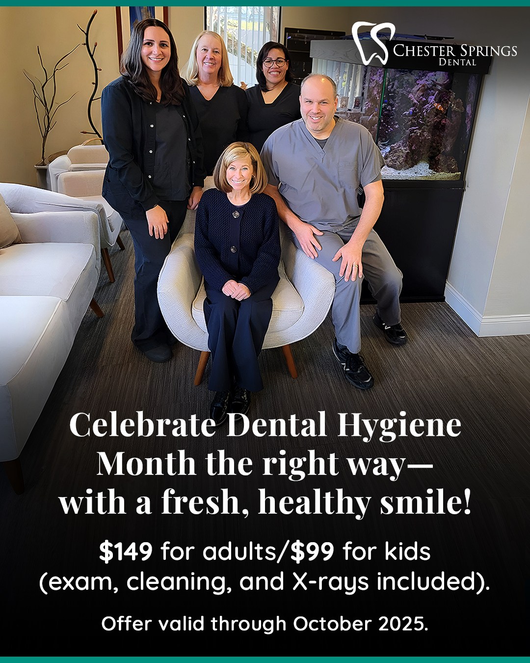 Itâs Dental Hygiene Monthâthe perfect time to give your smile some extra care! đŞĽâ¨
Donât wait until your next cavity surprise⌠keep your smile bright and healthy all year long.
𦷠$149 adults/$99 kids (exam, cleaning, and X-rays included).
 đ
 Offer valid through October 2025 for new patients only.
Schedule your visit today at ChesterSpringsDental.com.
#ChesterSpringsDental #DentalHygieneMonth #HealthyTeeth #FamilyDentistry #ExtonPA #SmileMore #DentalDeals