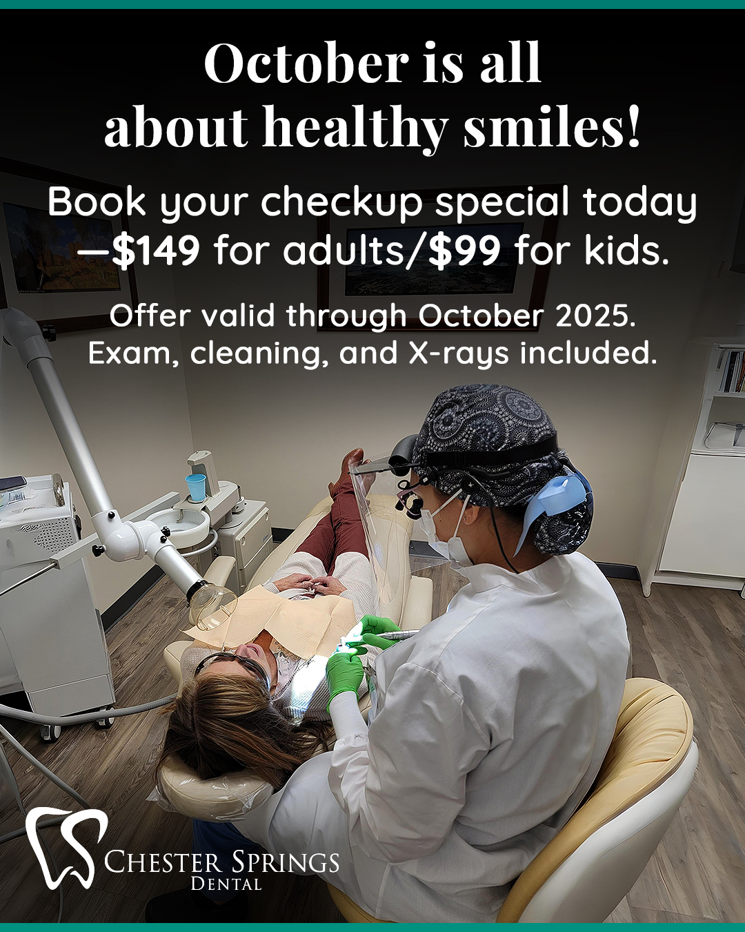 Fresh season, fresh smile! 🍂
There’s no better time than Dental Hygiene Month to catch up on your checkup—your teeth will thank you later.
✨ $149 for adults/$99 for kids (exam, cleaning, and X-rays included).
📅 Offer valid through October 2025.
Book now at ChesterSpringsDental.com.
#ChesterSpringsDental #DentalHygieneMonth #HealthySmile #ExtonDentist #DentalCare #FamilyDentist #TeethCleaning #SmileBright