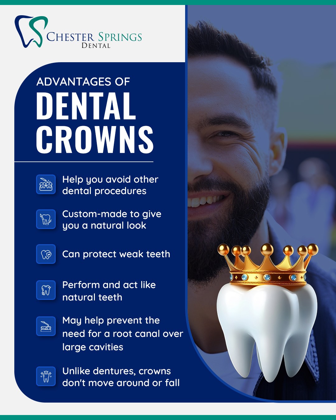 Damaged or missing teeth? Dental crowns are the perfect solution to restore both the strength and appearance of your smile! ✨ Ready to give your teeth the full coverage they deserve? Call us today to learn more! 📞 610.524.9530

#ChesterSpringsDental #DentalCrowns #RestorativeDentistry #HealthySmile #ToothRestoration #ExtonDentist #SmileCare #ToothProtection