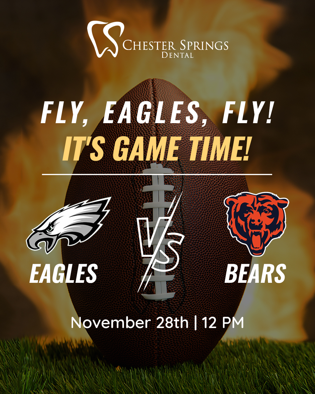 Get ready, Philly — after Thanksgiving leftovers and family time, it's game time! Eagles vs. Bears is coming up on November 28th! 🦅💚

The Chester Springs Dental crew can’t wait to cheer on our Birds. Who else is counting down to kickoff? Drop a 🏈 if you’ll be watching!

#FlyEaglesFly #EaglesNation #ChesterSpringsDental #PhillyPride #LetsGoPhilly #NFL #EaglesvsBears