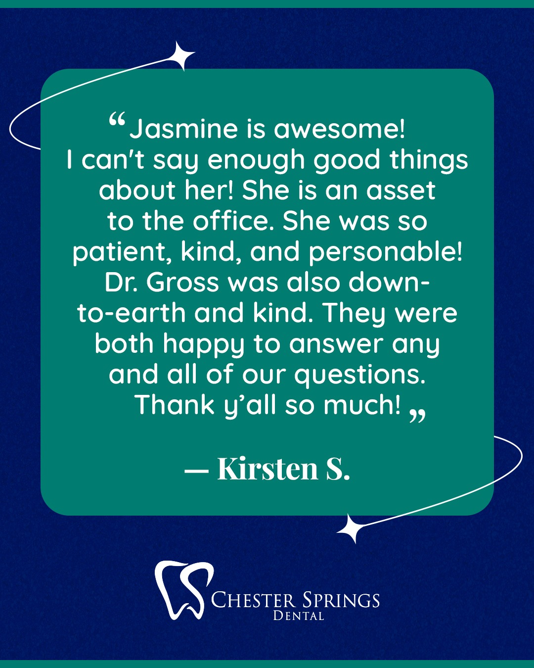 Kindness, patience, and care—that’s what makes a great dental visit! 💙
We’re so thankful for amazing patients like Kirsten and the chance to make every appointment a positive experience.

#ChesterSpringsDental #ExtonDentist #PatientExperience #CompassionateCare #DentalTeam #HealthySmiles #SmileConfidence