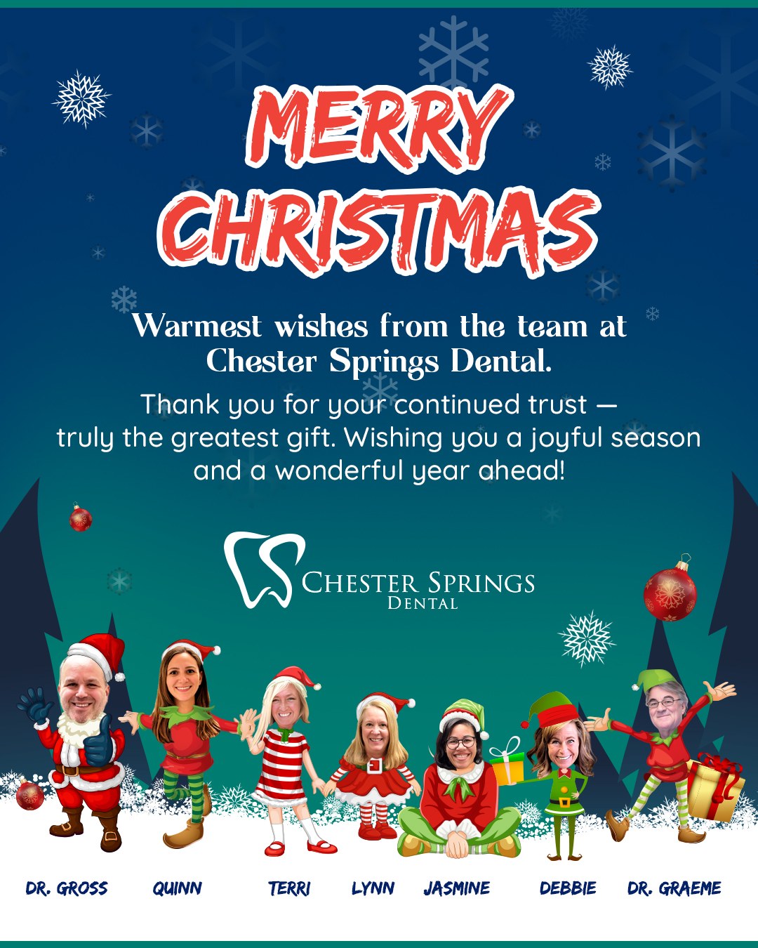 Merry Christmas from Chester Springs Dental! 🌟 🎉🎄
.
.
.
.
#ChristmasTime #ChristmasDay #Winter #Snow #ChristmasIsHere #ChristmasDecorations #Holidays #Navidad #FelizNavidad #Natale #ChristmasLights #ChristmasMagic #ChristmasVibes