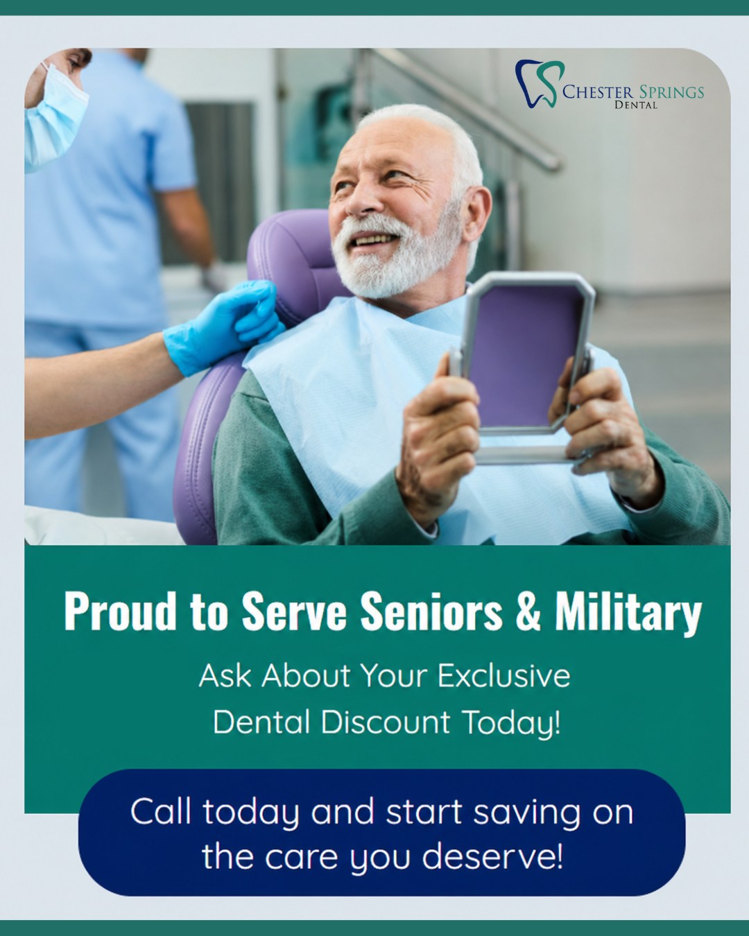 Proud to Serve Seniors & Military 🇺🇸🦷

At Chester Springs Dental, we're honored to provide exceptional dental care and exclusive savings for seniors and military members.

✨ Personalized, patient-first care
✨ Friendly, experienced dental team
✨ Special discounts available
✨ Comfortable, stress-free visits

Your smile deserves quality care at a price you can feel good about.

📞 Call us today at (610) 458-5858 to learn more and schedule your appointment.

🌐 ChesterSpringsDental.com/contact-us

#ChesterSpringsDental #SeniorDentalCare #MilitaryDiscount #ExtonDentist #ChesterCountyPA #HealthySmiles #DentalCare #VeteransSupport