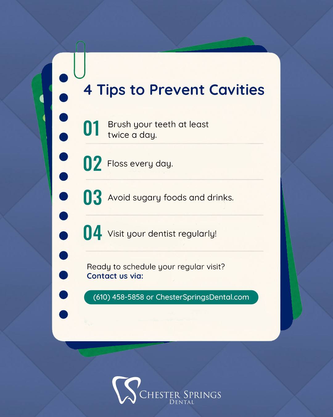 Healthy smiles start with healthy habits. ✨

Small, consistent habits each day can go a long way in protecting your teeth, but they don't replace the need for routine dental checkups. Regular visits allow us to detect small issues early, helping prevent them from becoming more serious.

Ready to schedule your next checkup?
📞 (610) 458-5858
🌐 ChesterSpringsDental.com

#ChesterSpringsDental #DentalCare #ChesterSprings #Dentist #CavityPrevention #Cavity #DentalCheckup