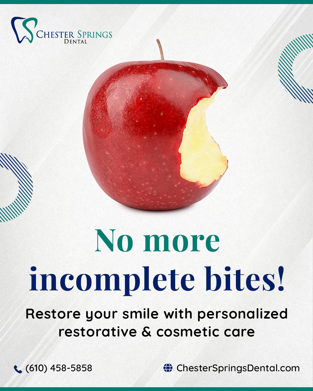 Every smile deserves to feel complete. ✨

Whether you’re dealing with a damaged, worn, or missing tooth, personalized restorative and cosmetic care can help bring back the function and appearance of your smile.

Take the next step toward a healthier, more complete smile!

📞 (610) 458-5858
🌐 ChesterSpringsDental.com

#ChesterSpringsDental #RestorativeDentistry #CosmeticDentistry #SmileRestoration #DentalCare #HealthySmile