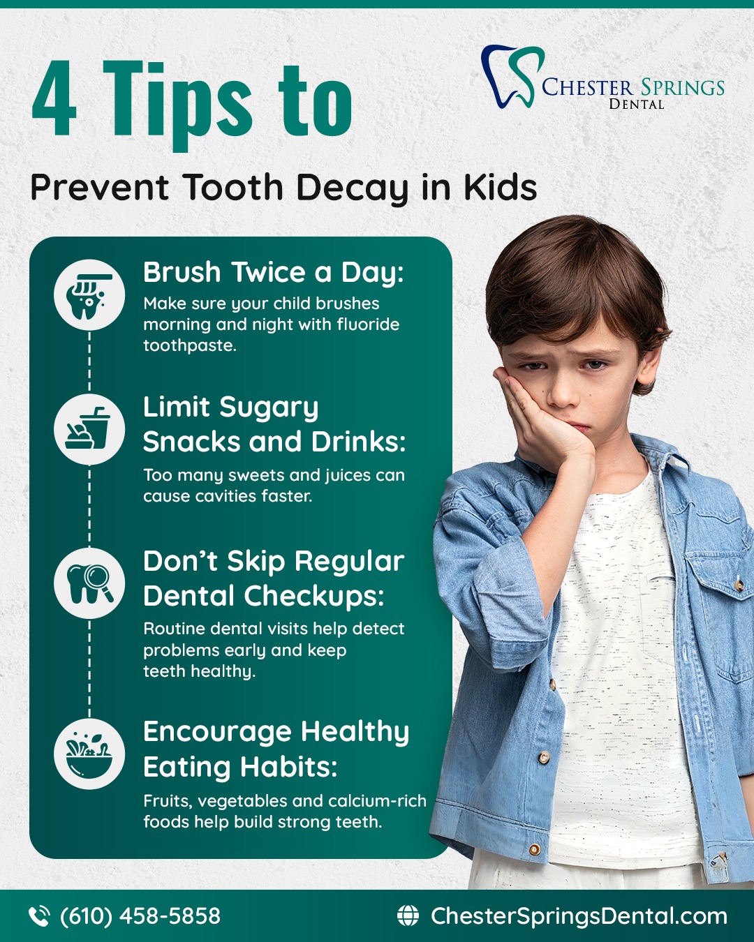 Helping kids build a strong oral care routine early can set the foundation for a lifetime of healthier smiles. 

Brushing twice a day, limiting sugary snacks and drinks, choosing nutritious foods, and keeping up with regular dental visits can make a difference.

Make caring for their smile part of the routine. Schedule your child’s next dental checkup with our team today!

📞 (610) 458-5858
🌐 ChesterSpringsDental.com

#ChesterSpringsDental #KidsDentalHealth #HealthySmiles #PreventiveDentistry #OralHealth #FamilyDentistry