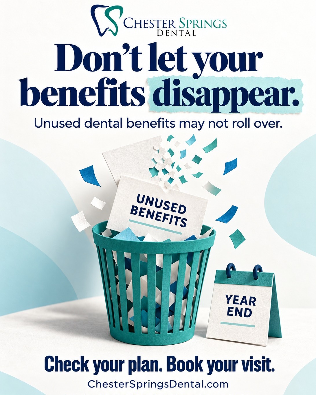 Holiday plans are filling the calendar. Is your dental appointment on it?

If you’re due for a cleaning or have treatment you’ve been meaning to schedule, take a moment to review your remaining insurance benefits. Unused annual coverage may expire when your plan resets.

Make your smile part of your year-end plans. Book an appointment at ChesterSpringsDental.com.

#ChesterSpringsDental #DentalBenefits #ExtonPA #FamilyDentistry #PreventiveDentistry #HealthySmiles