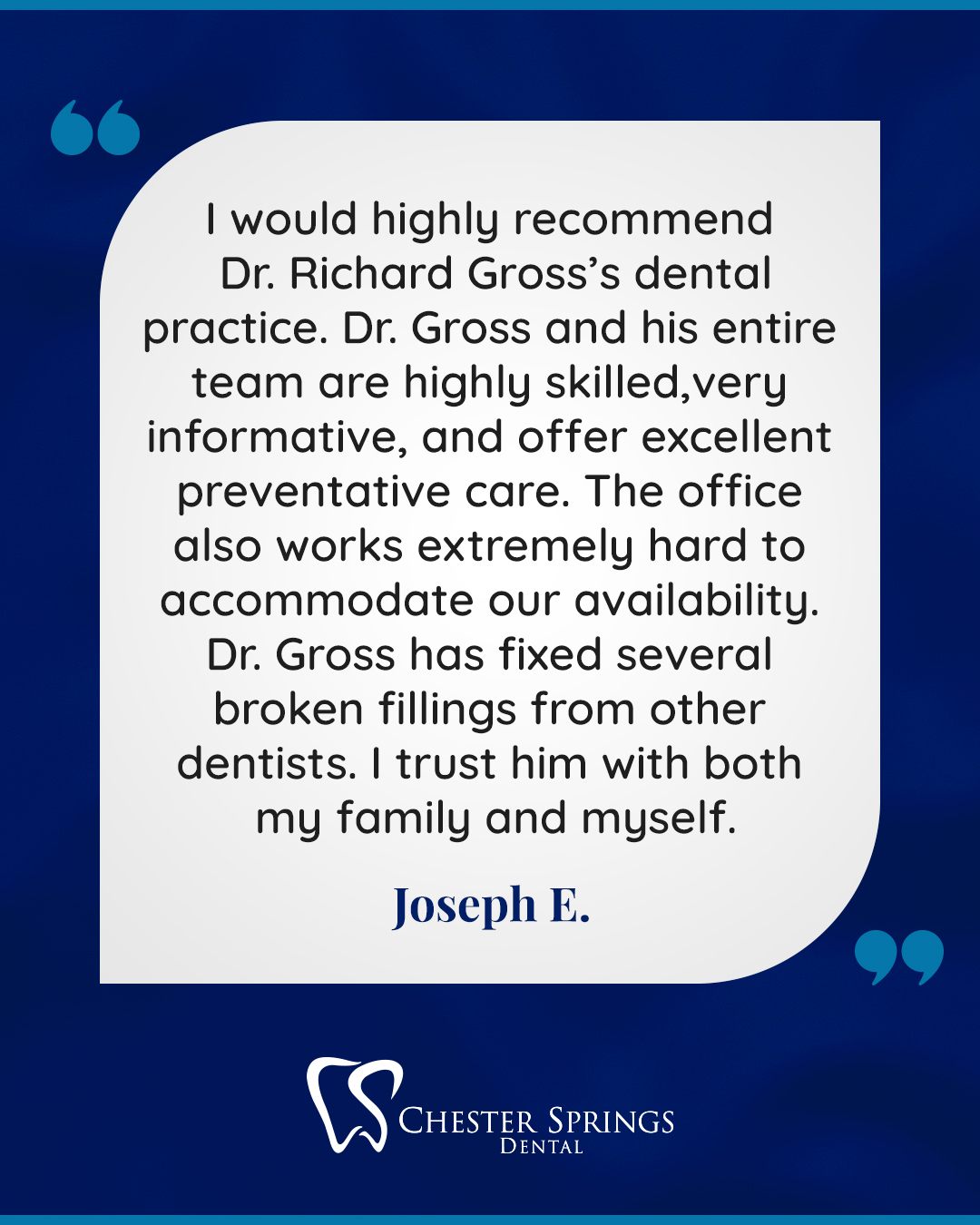 We’re honored when our patients trust us with their smiles and their family’s care. Our goal is always to provide attentive, personalized treatment while making every visit as comfortable and convenient as possible.

Thank you to our amazing patients for your kind words and continued trust in our team. If you’re looking for compassionate dental care you can rely on, we’d love to welcome you to our practice. Schedule your appointment today!

ChesterSpringsDental.com

#ChesterSpringsDental #PatientTestimonial #TrustedDentist #HealthySmile #FamilyDentistry #ExtonPA #DentalCare #SmileConfidence #PatientCare #OralHealth