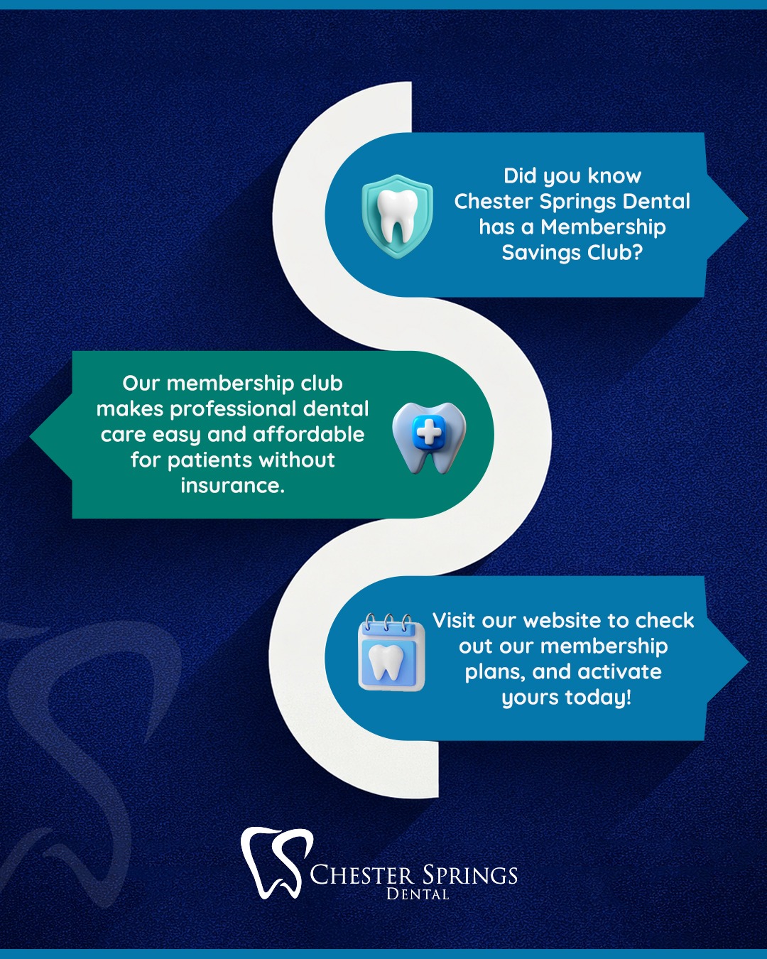 Quality dental care should be accessible to everyone. If you don’t have dental insurance, our membership savings plan is designed to help you maintain your oral health while keeping costs manageable.

With preventive care and exclusive savings on treatments, it’s a simple way to stay on top of your dental health and keep your smile strong all year long. 

Contact us to learn more!
ChesterSpringsDental.com

#ChesterSpringsDental #DentalMembership #AffordableDentalCare #HealthySmile #FamilyDentistry #ExtonPA #OralHealth #DentalSavings #PreventiveCare #SmileHealthy