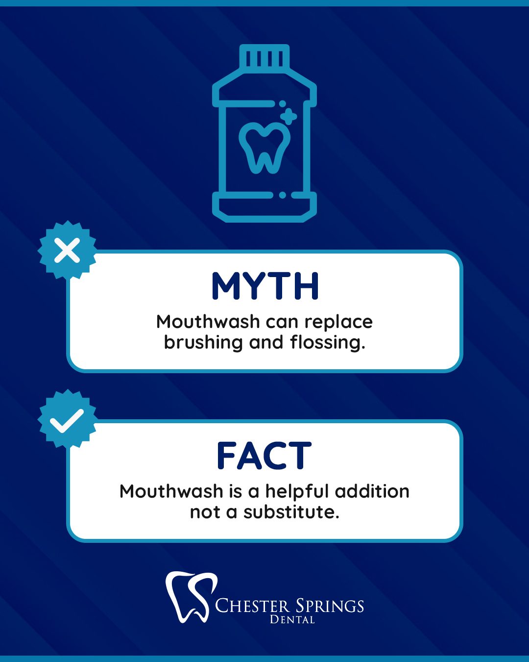 A complete oral care routine goes beyond just one product. Brushing and flossing work together to remove plaque and food particles, while mouthwash can help freshen breath and support overall oral health. When used together, they create a stronger defense for your smile.

Keeping up with daily habits and regular dental visits is the best way to protect your teeth and gums long-term. If it’s time for your next checkup, our team is here to help. Schedule your appointment today!

ChesterSpringsDental.com

#ChesterSpringsDental #OralHealthTips #DentalMyths #HealthySmile #DentalCare #FamilyDentistry #ExtonPA #SmileHealthy #DentalEducation #GumHealth