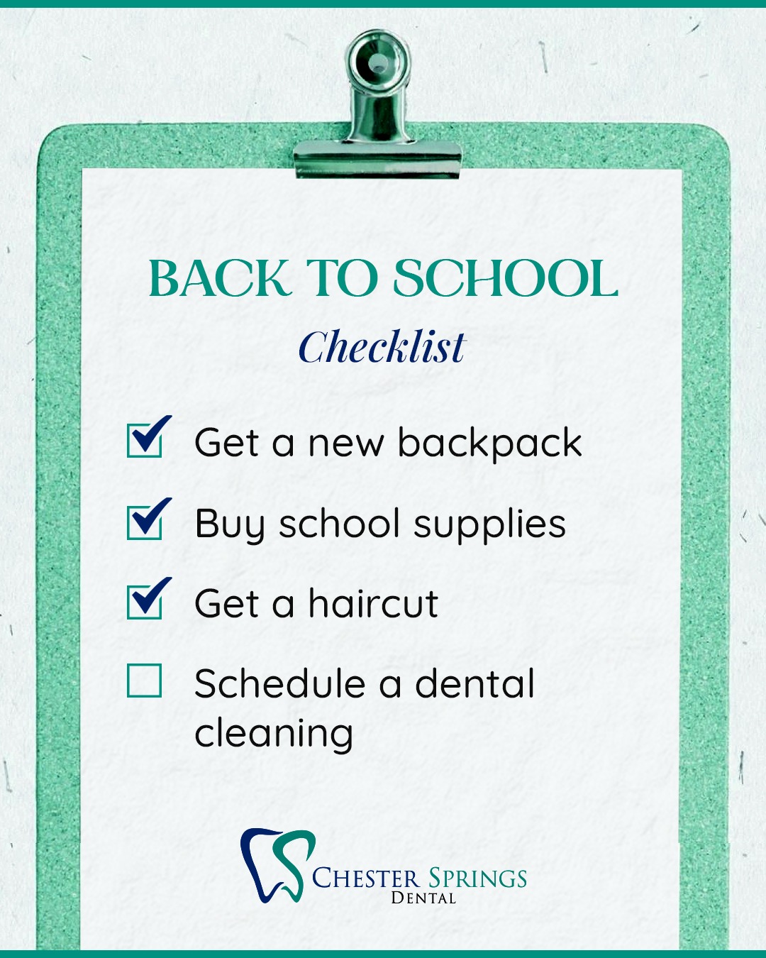 The countdown is on! ⏰ School starts August 25 in the West Chester Area School District.
Get ahead of the rush—book dental checkups, cleanings, and wisdom teeth consults now.
New student patients can choose either a FREE sports mouthguard OR electric toothbrush!
📞 Call 610.524.9530 today to book.
#BackToSchoolPrep #DentalDeals #ChesterSpringsDental #BackToSchool #WestChesterPA #Exton