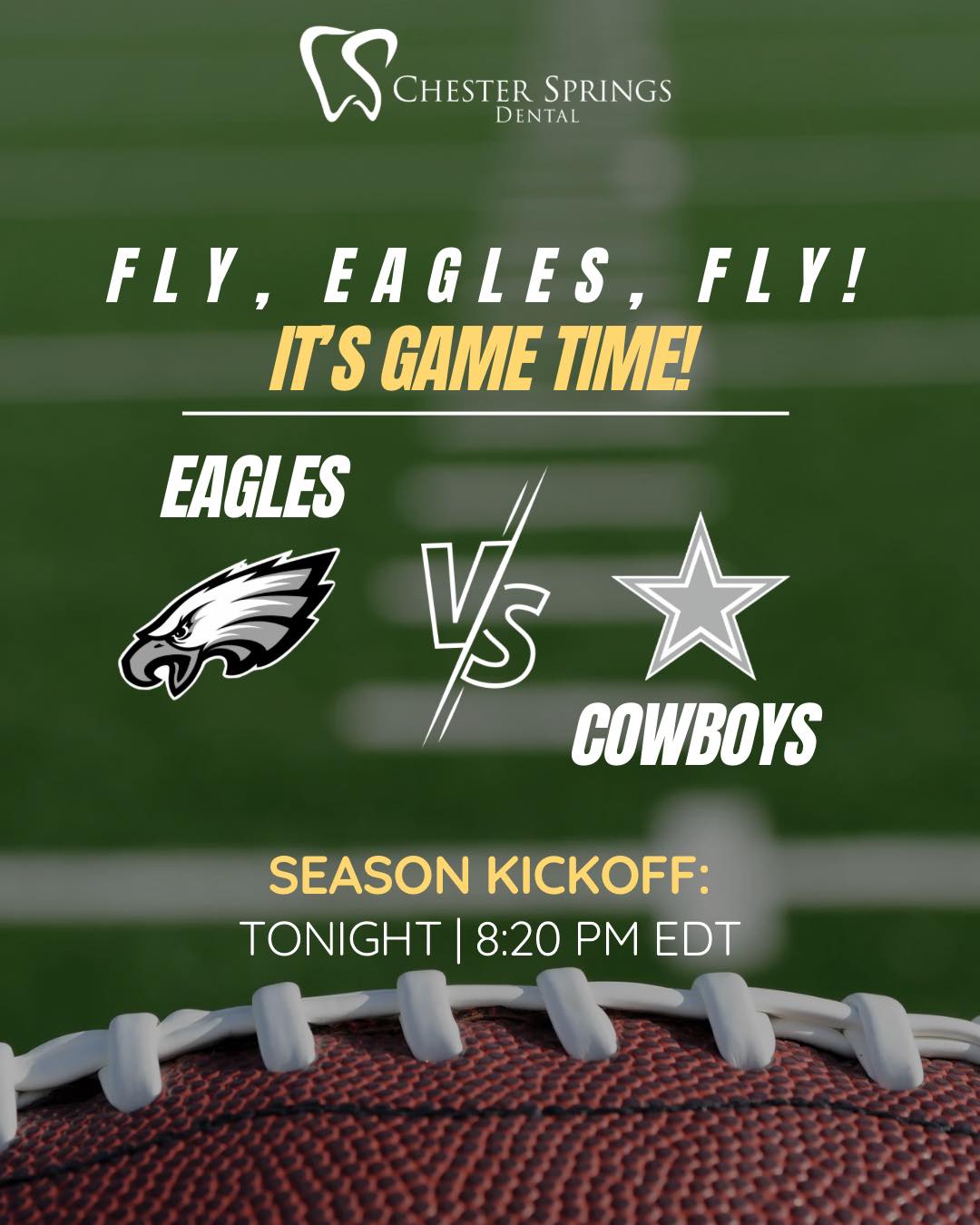 It’s finally here — Eagles season kicks off TONIGHT against the Cowboys! 🦅💚
The Chester Springs Dental crew will be cheering loud and proud. Who’s ready for some Philly football? Drop a 🏈 if you’re watching!
#FlyEaglesFly #EaglesNation #ChesterSpringsDental #PhillyPride #LetsGoPhilly #NFL