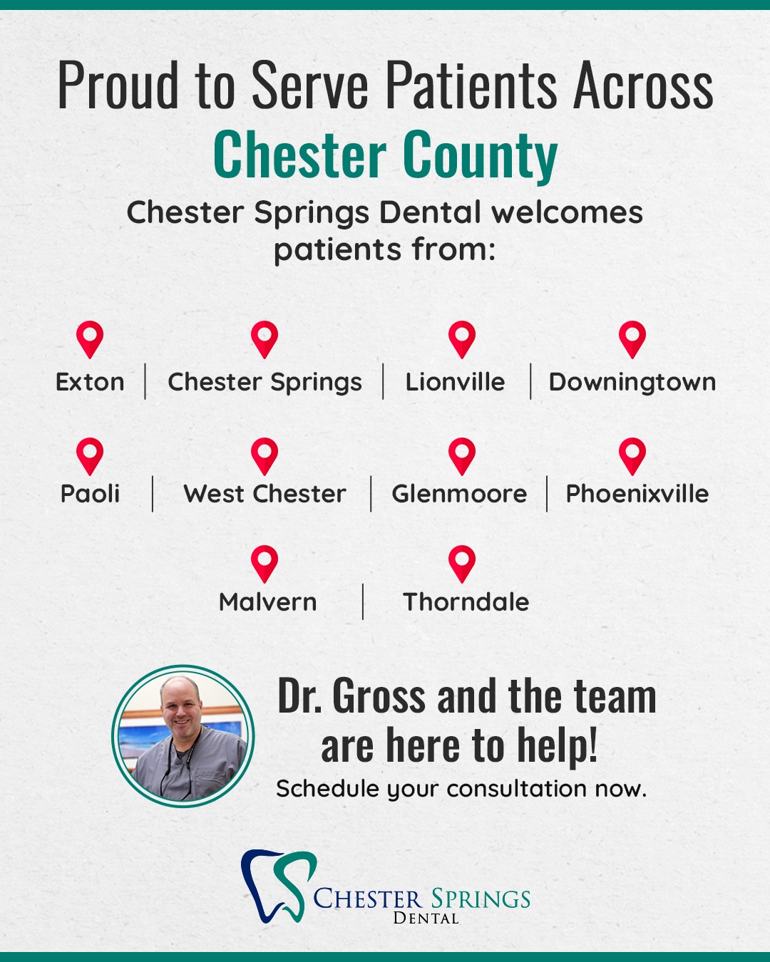 We’re proud to serve the Chester County community and be a trusted part of so many patients’ care.

From first visits to long-term relationships, we welcome everyone with the same commitment—comfort, honesty, and personalized attention every step of the way.

Wherever you’re coming from, you’ll feel right at home here.
📞 (610) 458-5858
💬 Reach out anytime—we’re happy to help.
ChesterSpringsDental.com/contact-us

#ChesterSpringsDental #ChesterCountyPA #ExtonDentist #WestChesterPA #LocalDentist