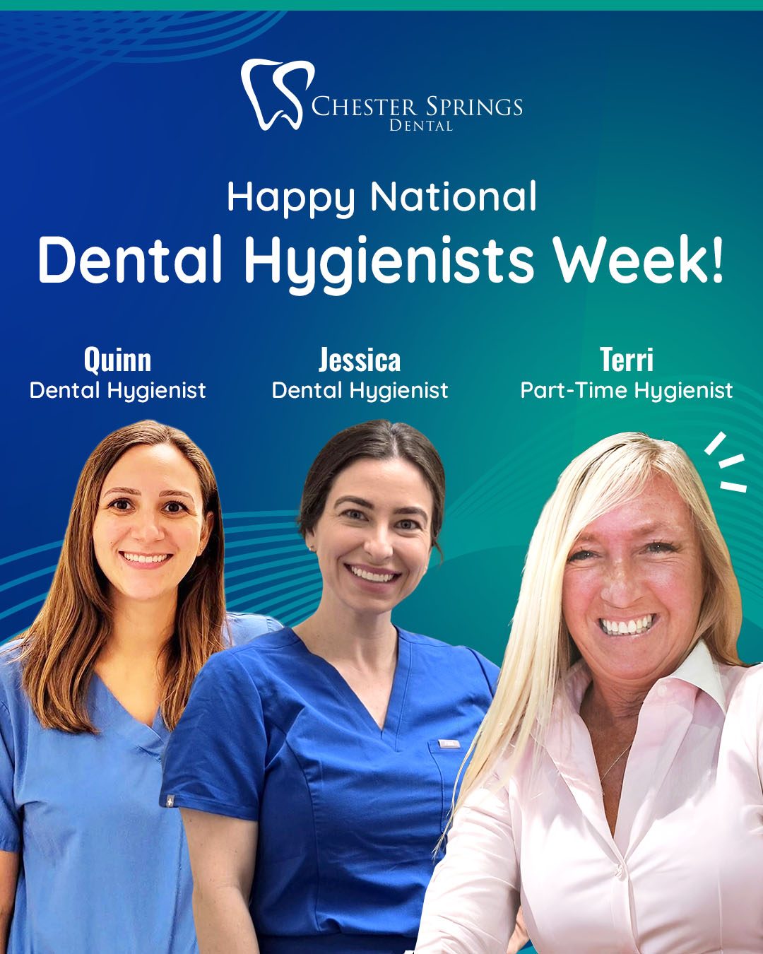 Happy National Dental Hygienists Week! 

Today, we’re celebrating Quinn, Jessica and Terri, our amazing dental hygienists! They’re dedicated to keeping your smile healthy, bright, and plaque-free.
Show them some love in the comments! 

#DentalHygienistsWeek #ThankYou #HealthySmiles #ChesterSpringsDental